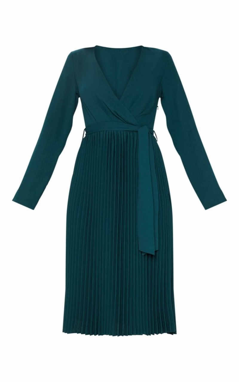 Turquoise / Green Pretty Little Thing Emerald Long Sleeve Pleated Dresses | WHOBNRC-04