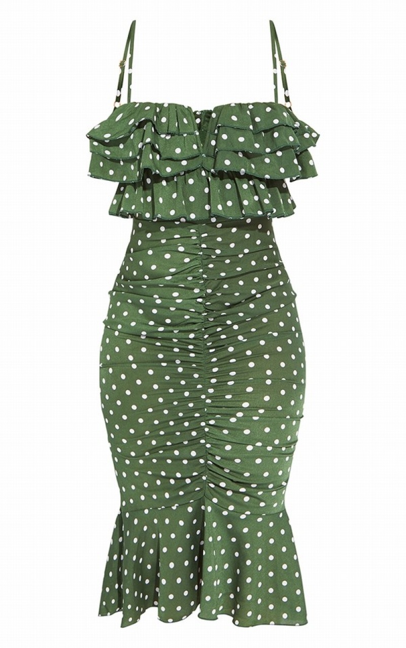 Turquoise / Green Pretty Little Thing Emerald Polka Dot Ruffle Detail Gathe Front Dresses | PHUECZD-57