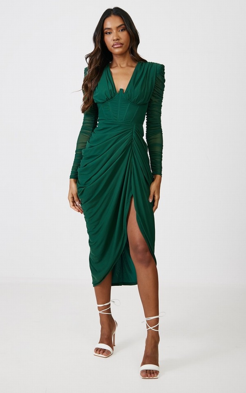 Turquoise / Green Pretty Little Thing Emerald Mesh Ruched Long Sleeve Draped Dresses | FGRNAOH-18