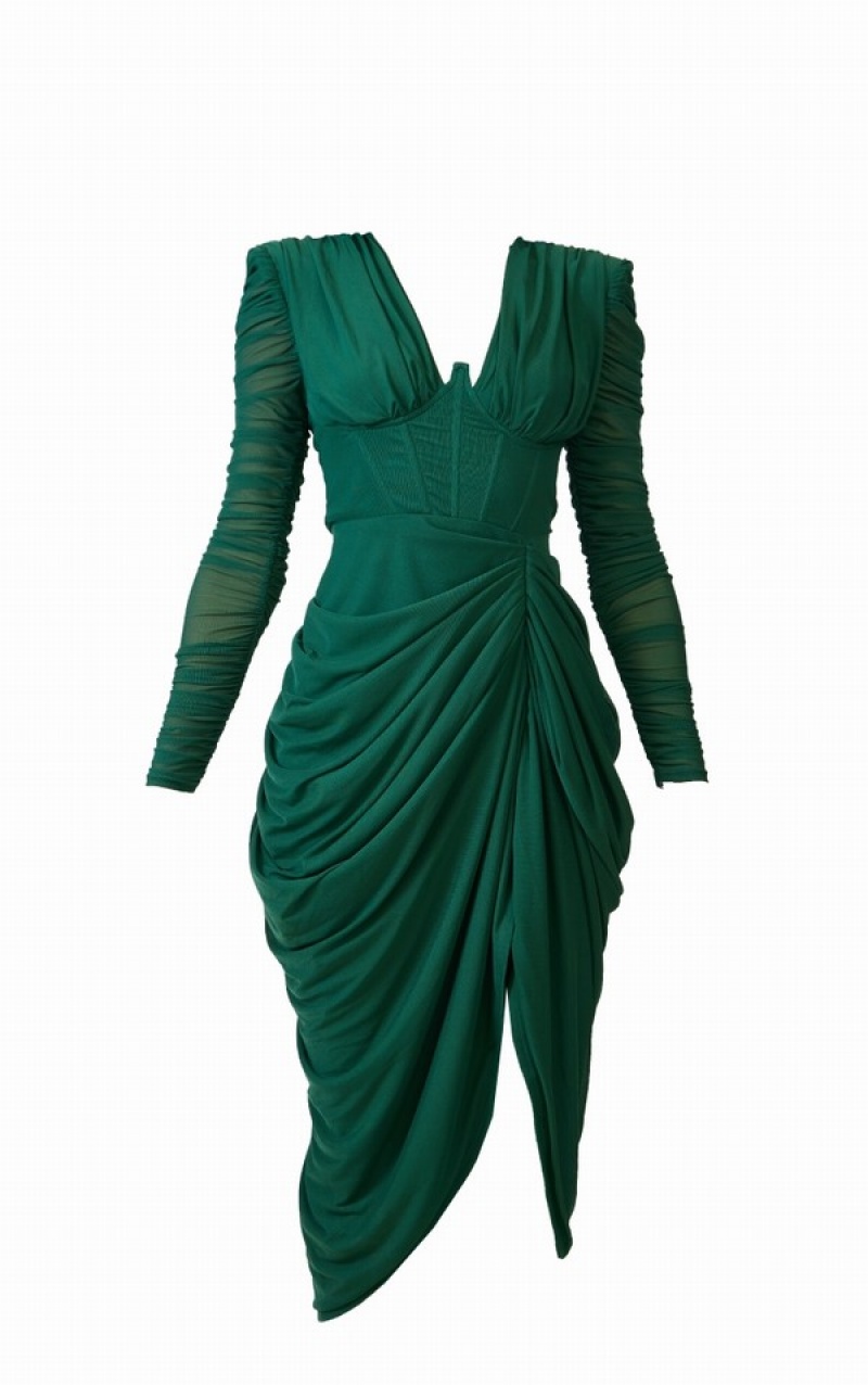 Turquoise / Green Pretty Little Thing Emerald Mesh Ruched Long Sleeve Draped Dresses | FGRNAOH-18