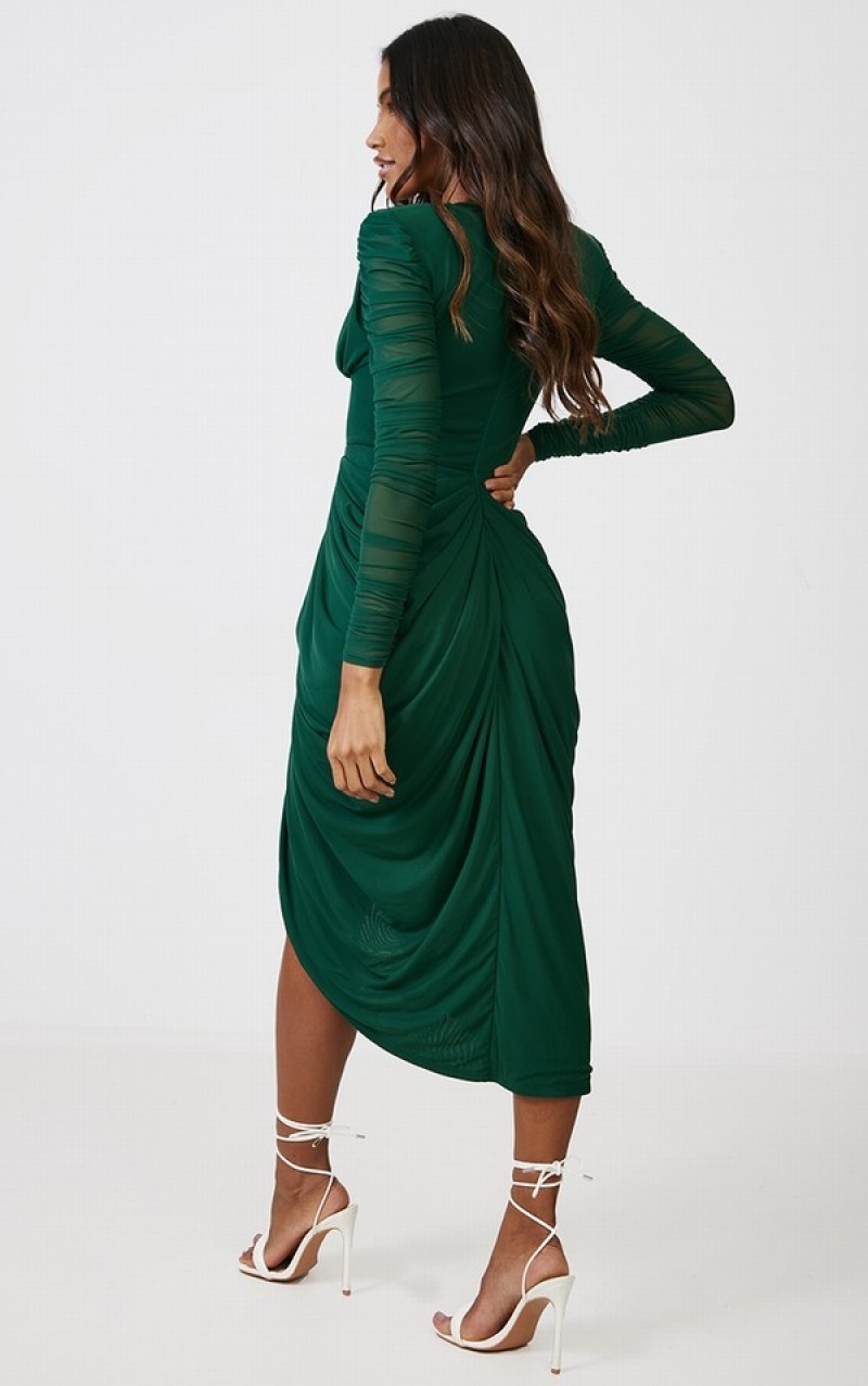 Turquoise / Green Pretty Little Thing Emerald Mesh Ruched Long Sleeve Draped Dresses | FGRNAOH-18