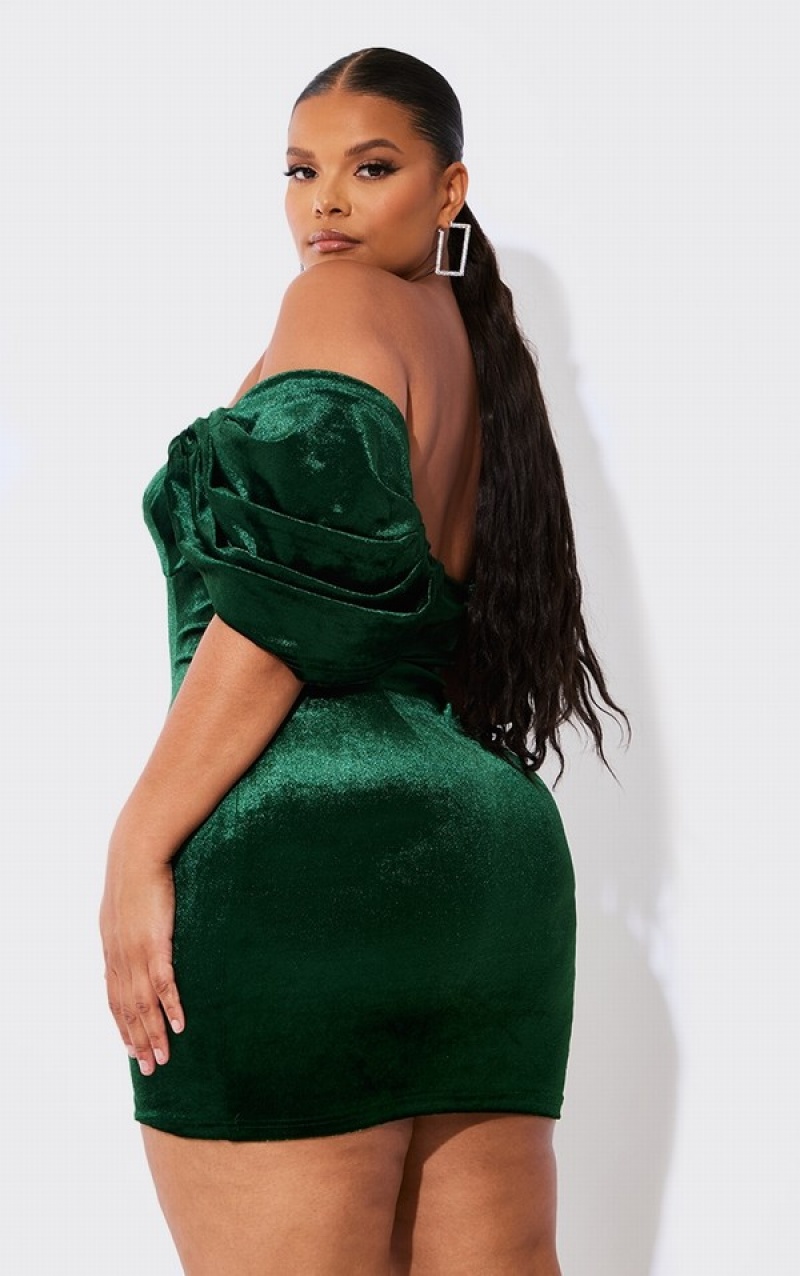 Turquoise / Green Pretty Little Thing Plus Emerald Velvet V Bar Bodycon Dresses | FEVTADS-79