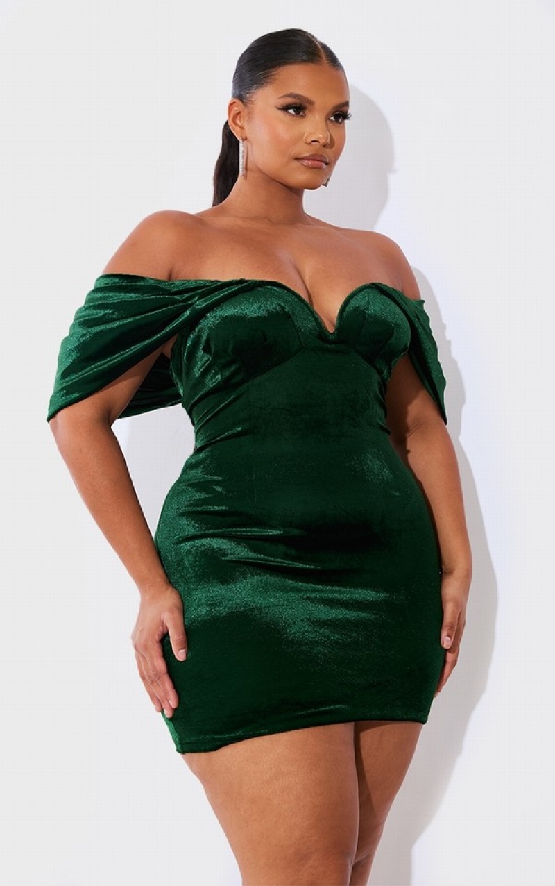 Turquoise / Green Pretty Little Thing Plus Emerald Velvet V Bar Bodycon Dresses | FEVTADS-79