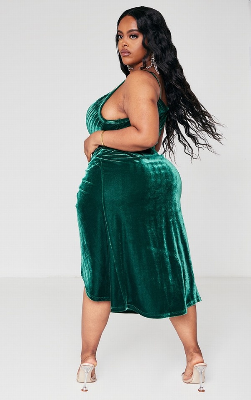 Turquoise / Green Pretty Little Thing Plus Emerald Velvet Plunge Corset Bodycon Dresses | WZPGARO-83