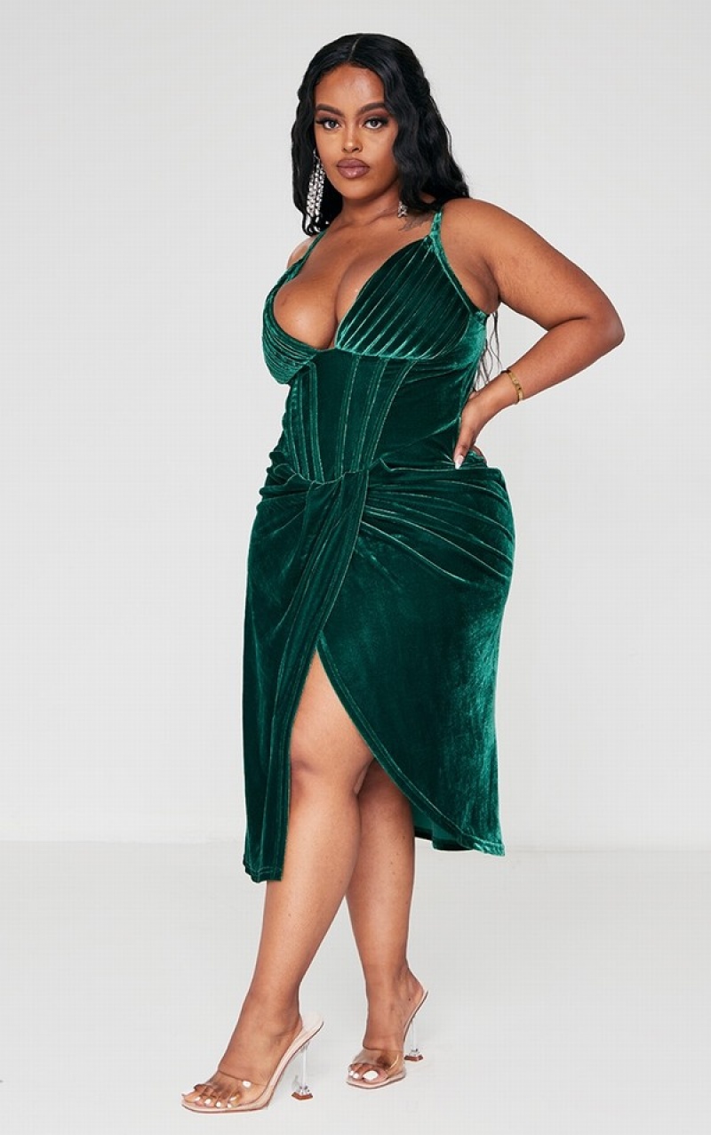 Turquoise / Green Pretty Little Thing Plus Emerald Velvet Plunge Corset Bodycon Dresses | WZPGARO-83