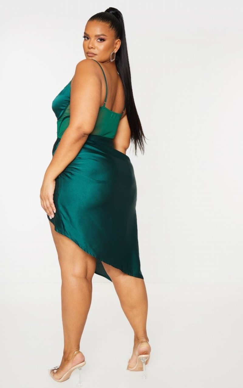 Turquoise / Green Pretty Little Thing Plus Emerald Lace Insert Cup Detail Ruched Side Dresses | SFQMTVA-19