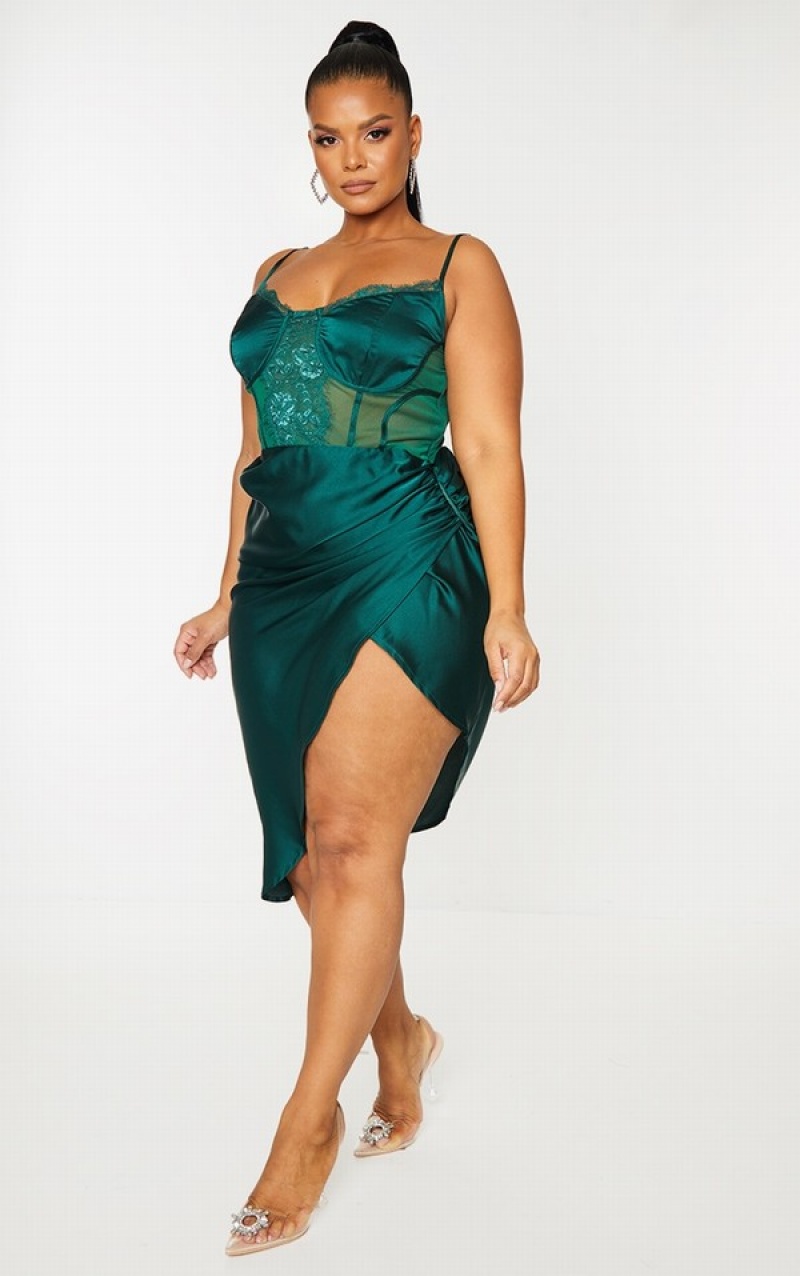 Turquoise / Green Pretty Little Thing Plus Emerald Lace Insert Cup Detail Ruched Side Dresses | SFQMTVA-19