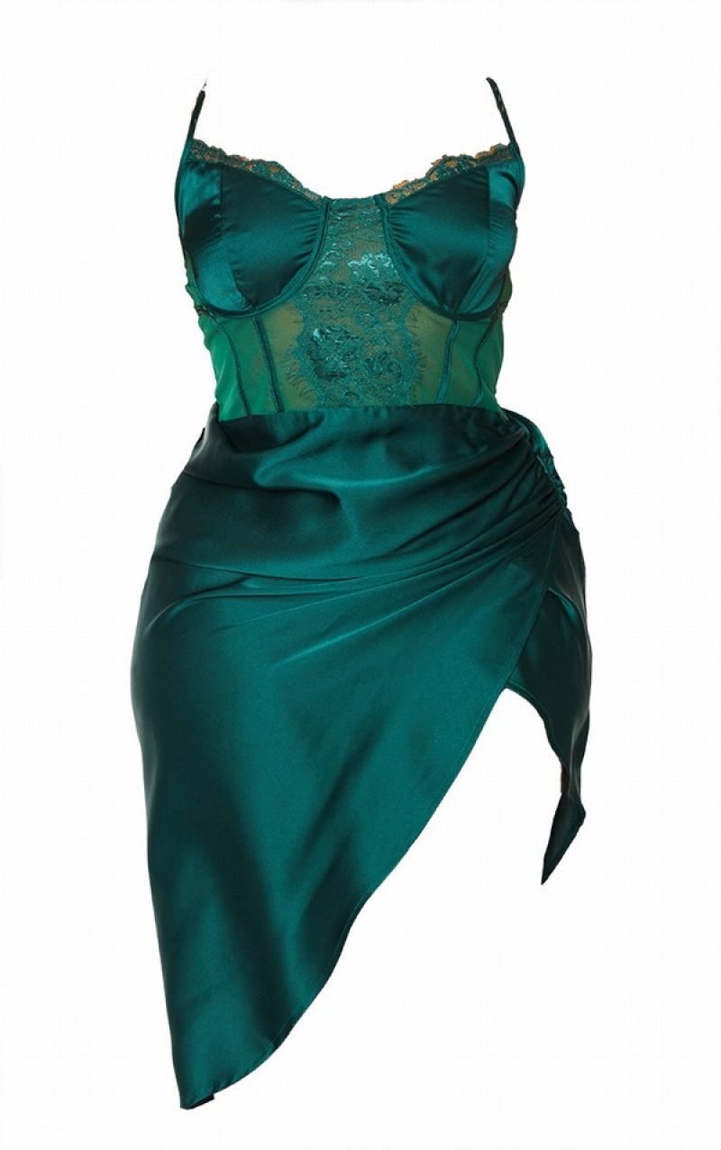 Turquoise / Green Pretty Little Thing Plus Emerald Lace Insert Cup Detail Ruched Side Dresses | SFQMTVA-19