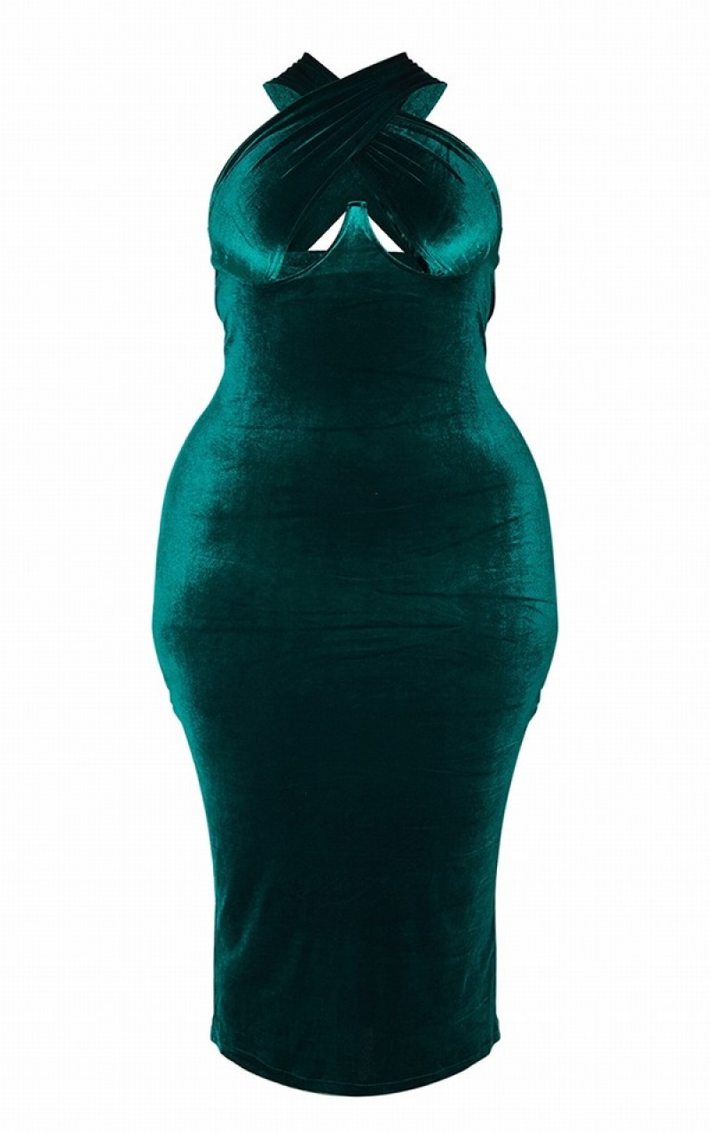 Turquoise / Green Pretty Little Thing Plus Emerald Velvet UnderwiCross Front Dresses | FSEJWLZ-14