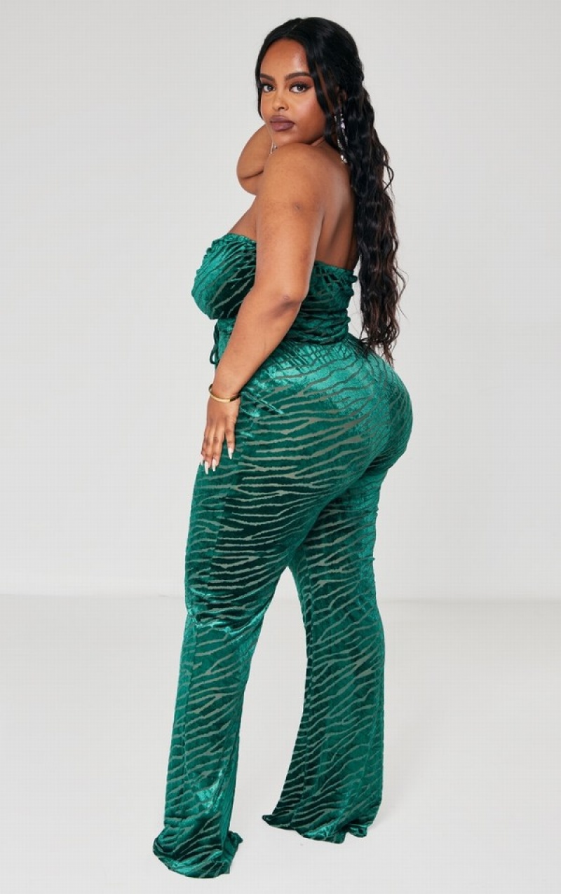 Turquoise / Green Pretty Little Thing Plus Emerald Zebra Devore Lace Up Jumpsuits | TISQKXJ-58