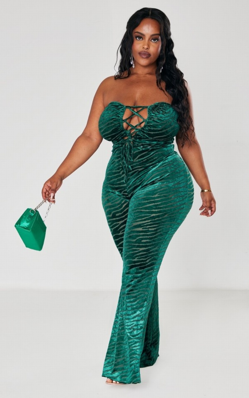 Turquoise / Green Pretty Little Thing Plus Emerald Zebra Devore Lace Up Jumpsuits | TISQKXJ-58