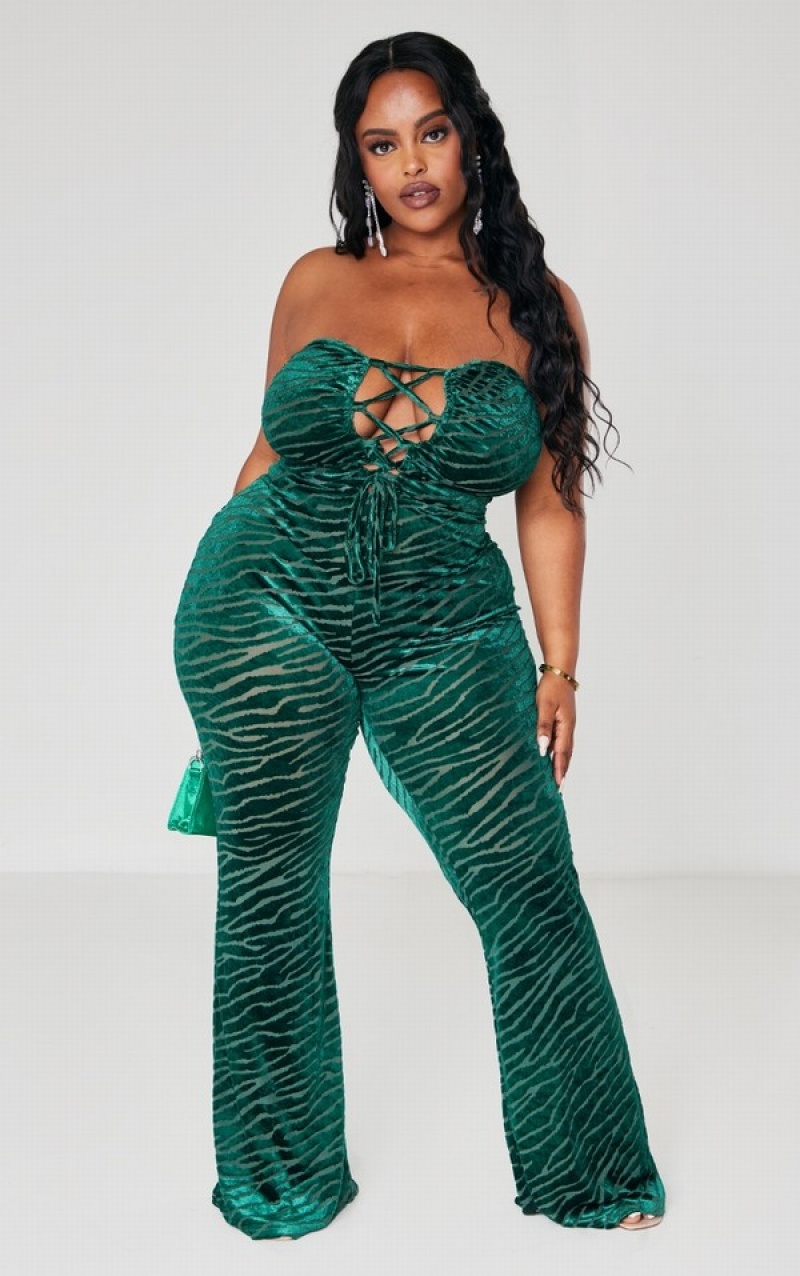 Turquoise / Green Pretty Little Thing Plus Emerald Zebra Devore Lace Up Jumpsuits | TISQKXJ-58