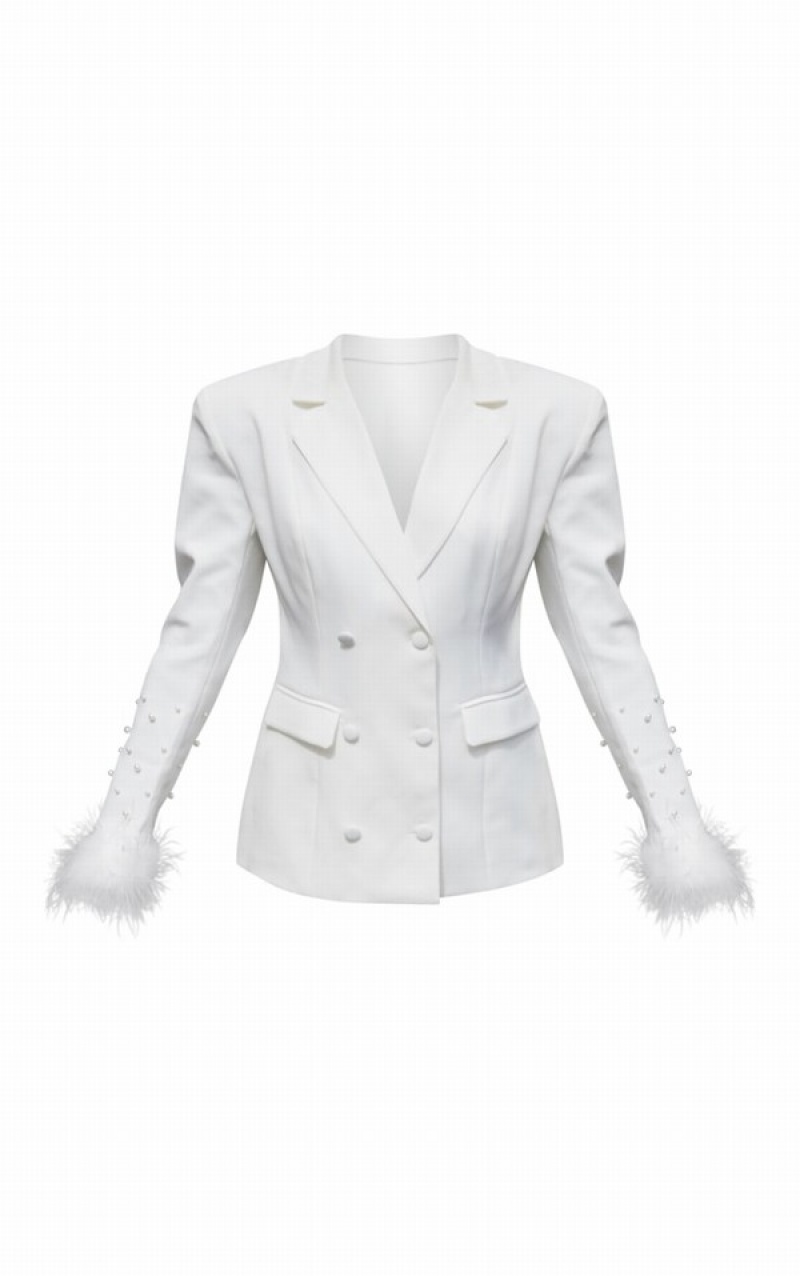 White Pretty Little Thing BRIDAL TailoPearl Embellished Feather Cuff Blazers | VRETXPD-76