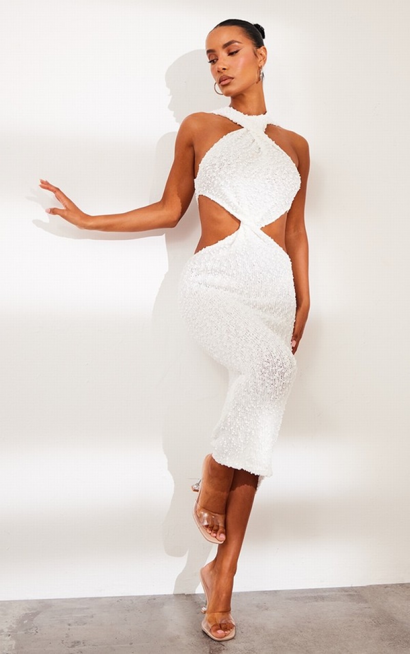 White Pretty Little Thing Bobble Knitted Twist Front Maxi Dresses | SZTQGRM-98