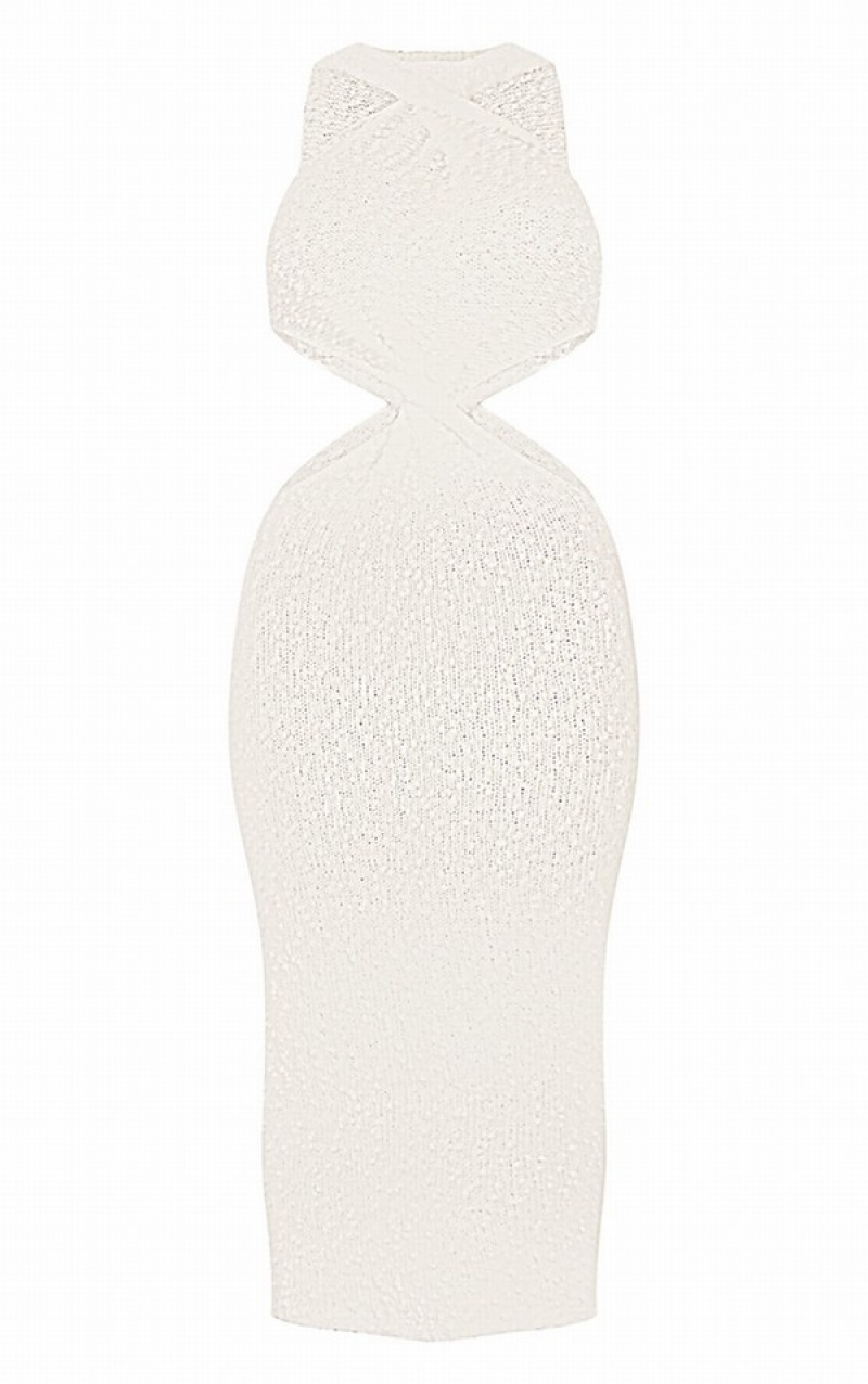 White Pretty Little Thing Bobble Knitted Twist Front Maxi Dresses | SZTQGRM-98