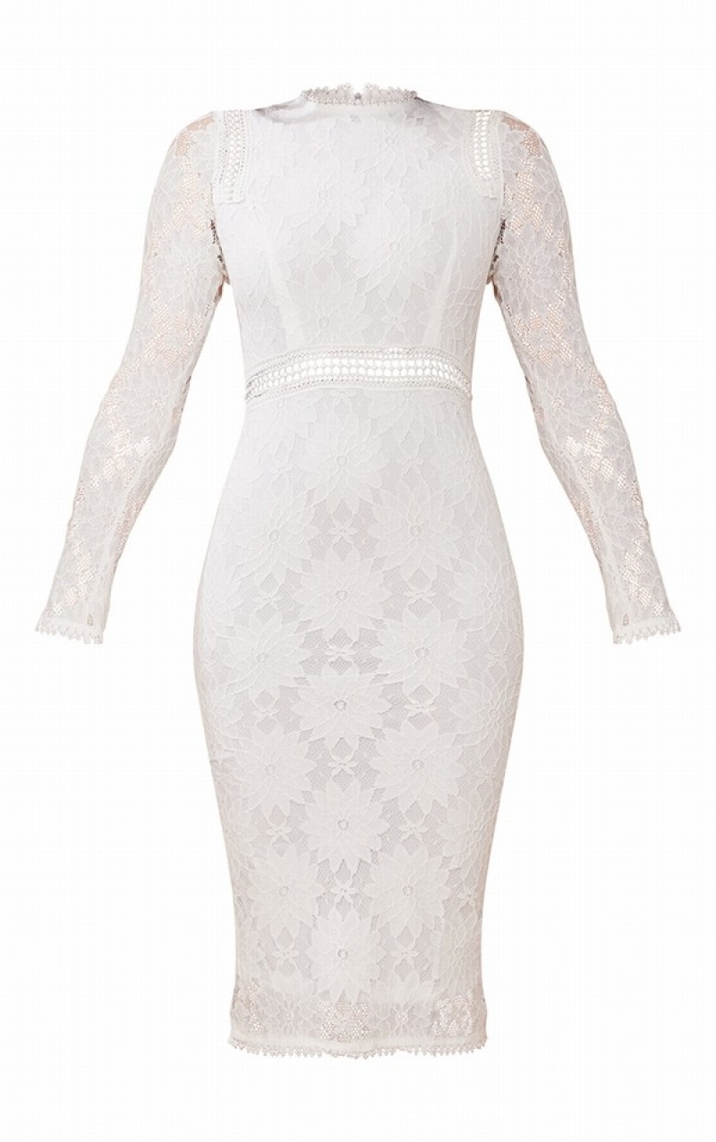 White Pretty Little Thing Caris Long Sleeve Lace Bodycon Dresses | ILUKVJC-10