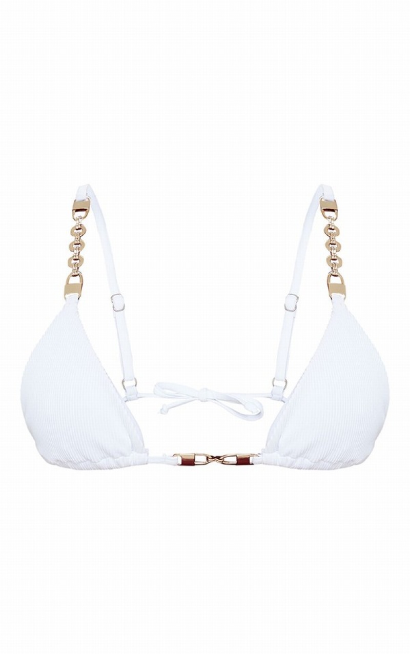 White Pretty Little Thing Chain Trim Triangle Bikini Tops | VZEFLOG-23