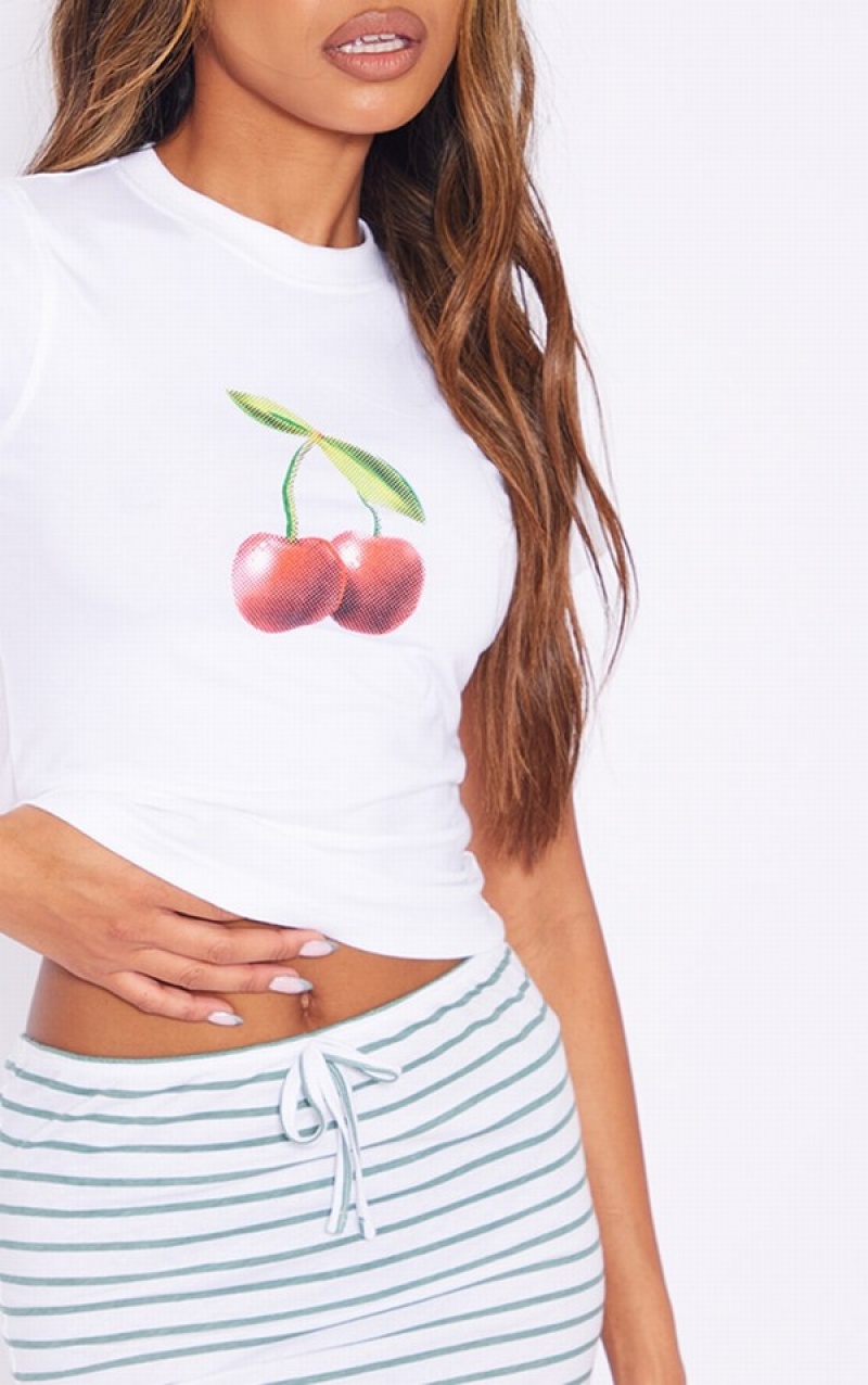 White Pretty Little Thing Cherry Printed Fitted Long T-shirts | MKGNWXV-50