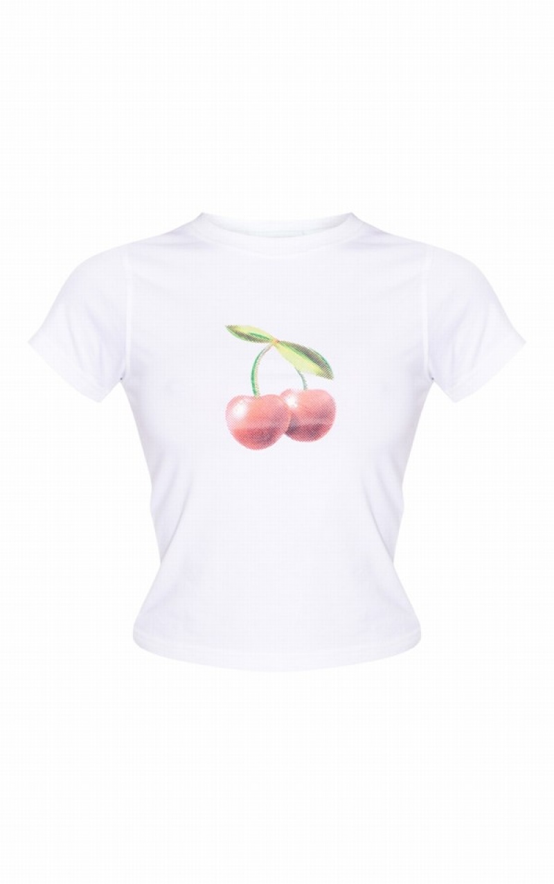 White Pretty Little Thing Cherry Printed Fitted Long T-shirts | MKGNWXV-50