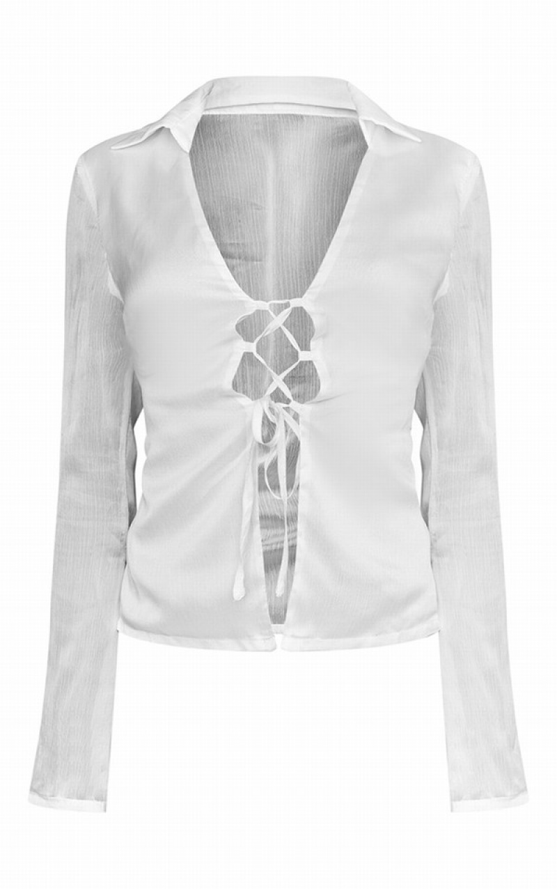 White Pretty Little Thing Chiffon Tie Front Flare Sleeve Fitted Shirts | JLNZXYI-13