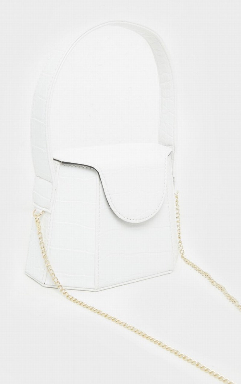 White Pretty Little Thing Croc Angular Structure Cross Body Bags | QGOMUKR-10