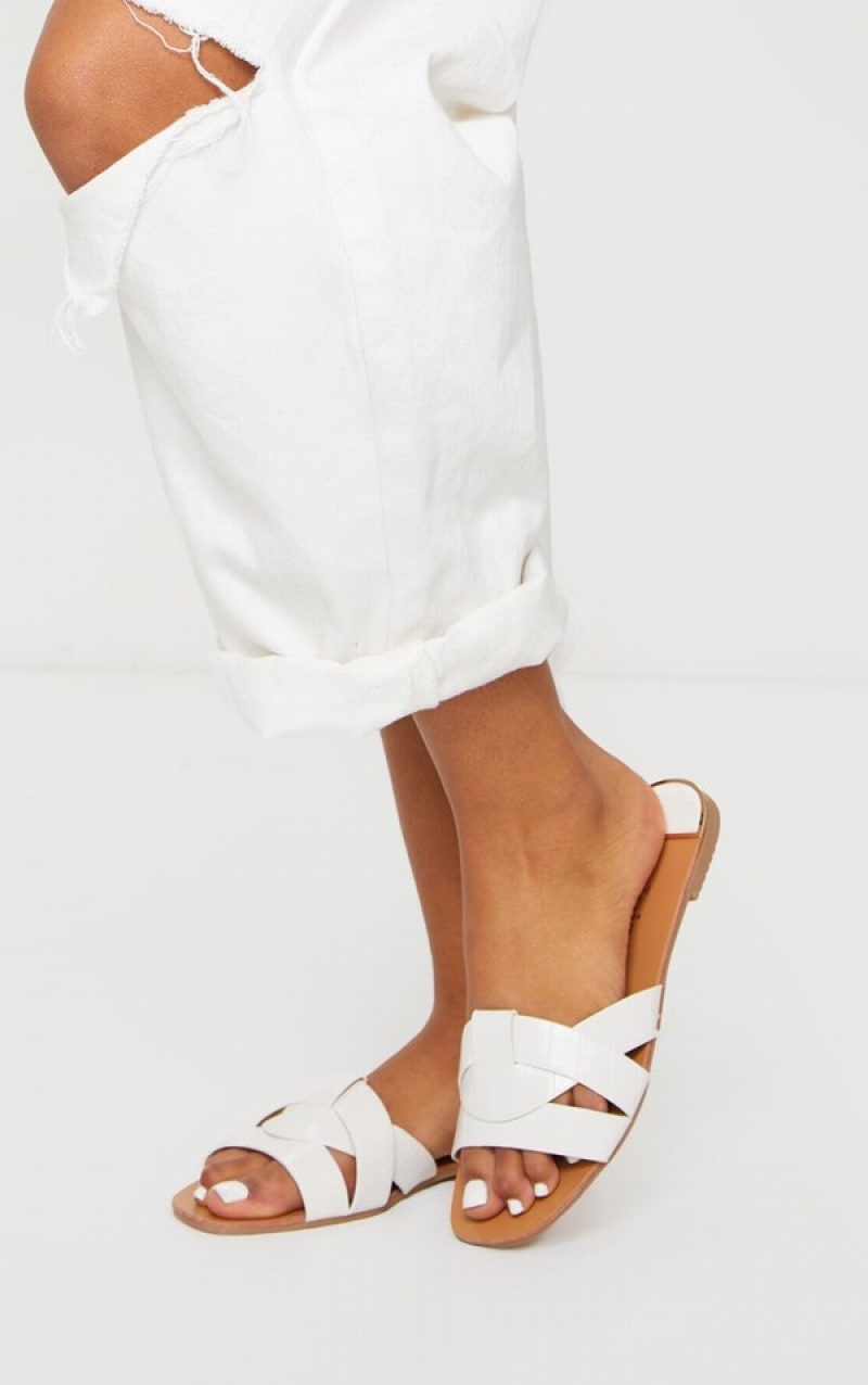 White Pretty Little Thing Croc PU Strap Over Sandals | JBQNWOZ-61