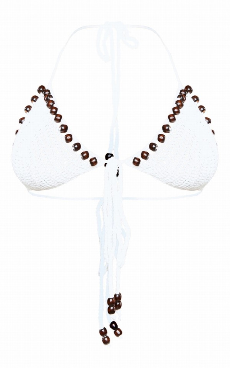 White Pretty Little Thing Crochet Beaded Triangle Bikini Tops | QDSVXME-01