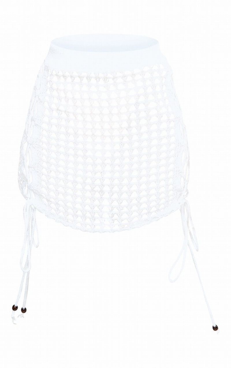 White Pretty Little Thing Crochet Lace Up Side Bead Detail Beach Skirts | UJKVXER-45