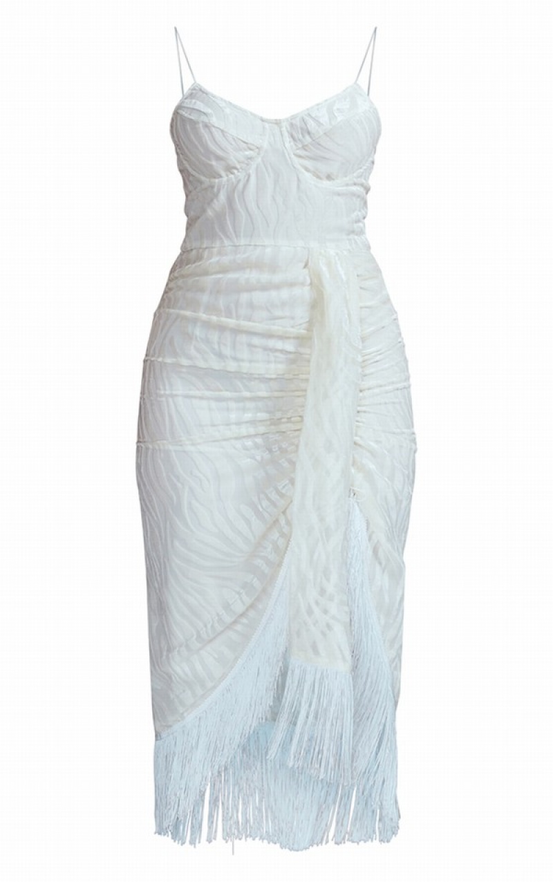 White Pretty Little Thing Devore Tassel Detail UnderwiDraped Dresses | RWAFHPZ-15