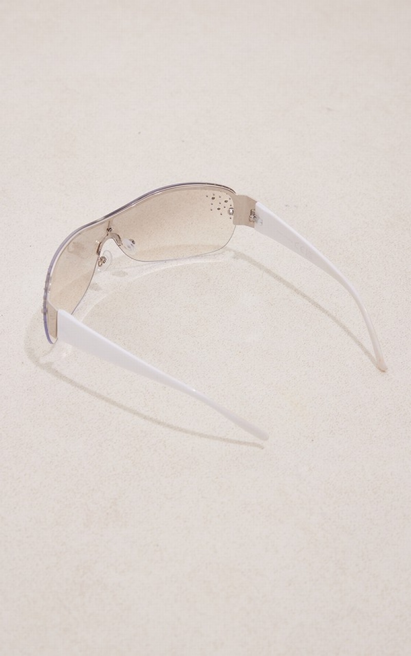 White Pretty Little Thing Diamante Detail Curved Visor Sunglasses | MCGOHEF-69