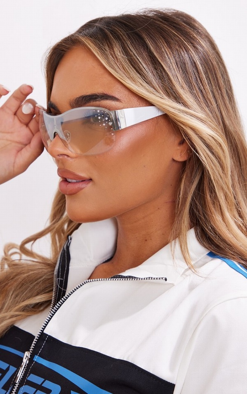 White Pretty Little Thing Diamante Detail Curved Visor Sunglasses | MCGOHEF-69