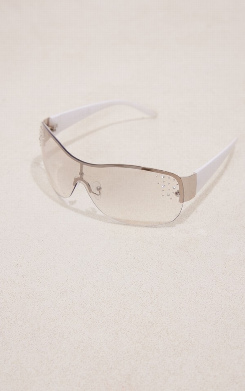 White Pretty Little Thing Diamante Detail Curved Visor Sunglasses | MCGOHEF-69