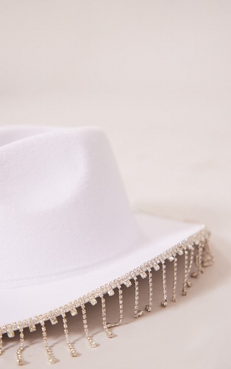 White Pretty Little Thing Diamante Tassel Cowboy Hats | FRHUSLV-95