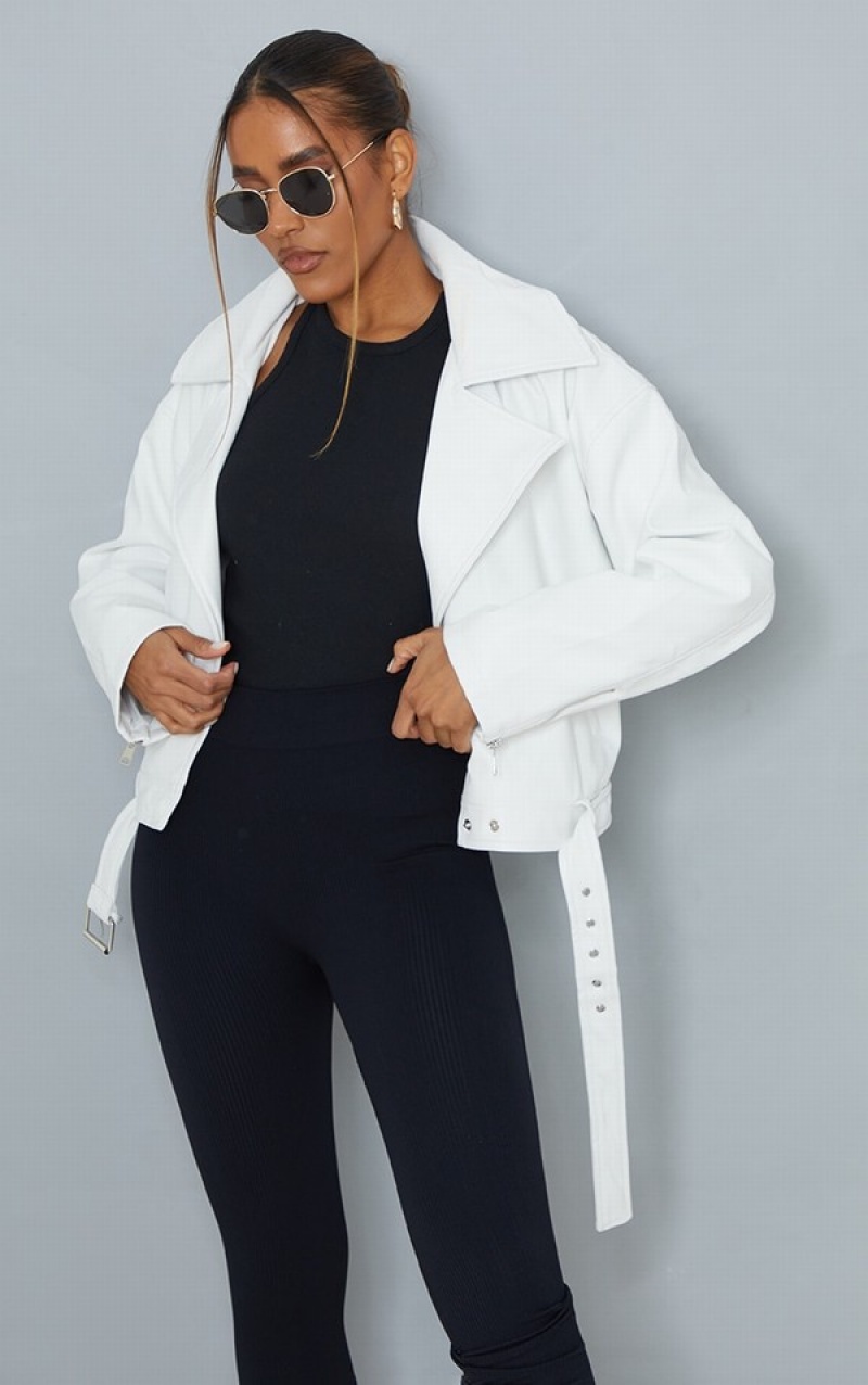 White Pretty Little Thing Faux Leather Relaxed Fit ed Biker Jackets | EQTLZFY-74