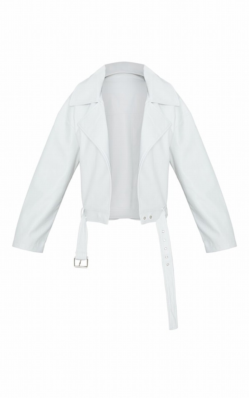 White Pretty Little Thing Faux Leather Relaxed Fit ed Biker Jackets | EQTLZFY-74