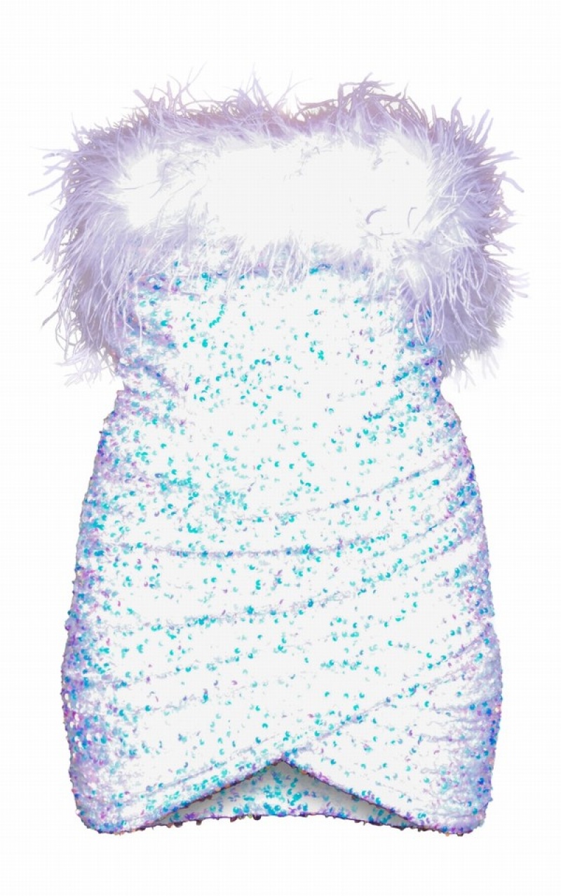 White Pretty Little Thing Feather Trim Bandeau Sequin Bodycon Dresses | REHWDCL-12