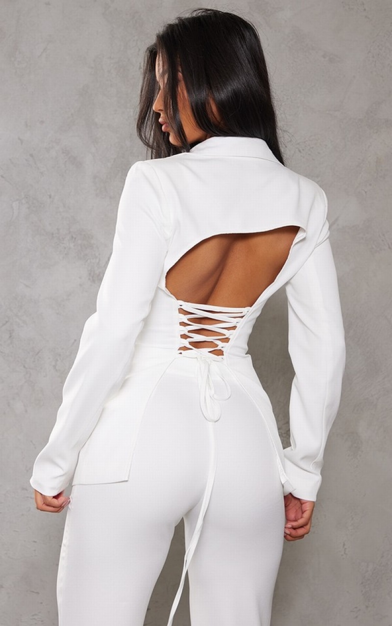 White Pretty Little Thing Fitted Lace Up Back Blazers | NPTJKSB-23