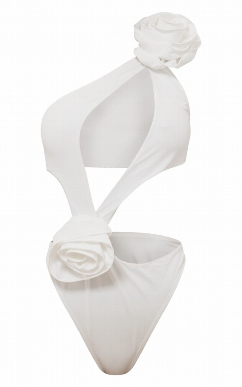 White Pretty Little Thing Flower Detail Cut Out Asymmetric Swimsuits | IMCWXRF-65