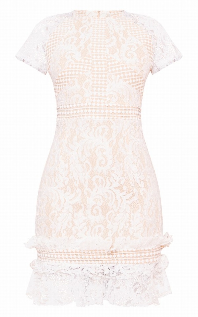 White Pretty Little Thing Frill Hem Lace Bodycon Dresses | VTPYCEX-81