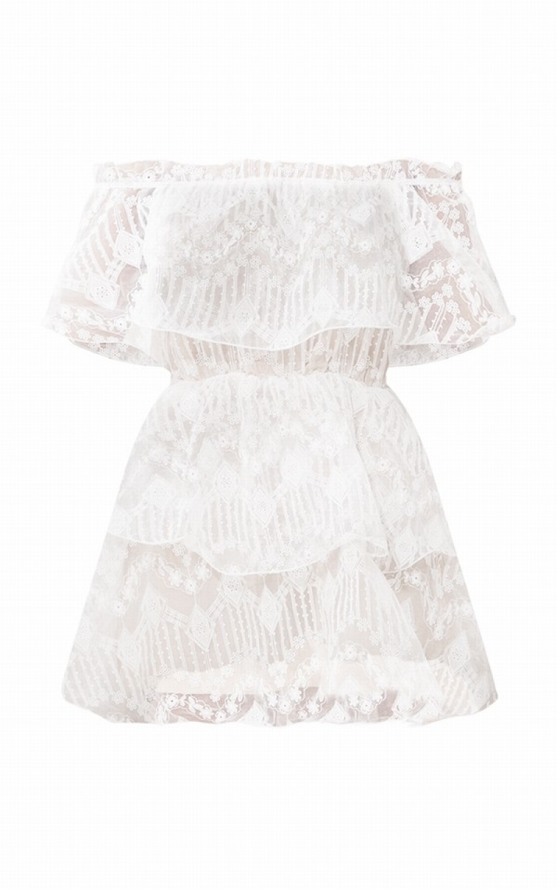 White Pretty Little Thing Lace Bardot Ruffle Tiered Dresses | RUWJQKY-17