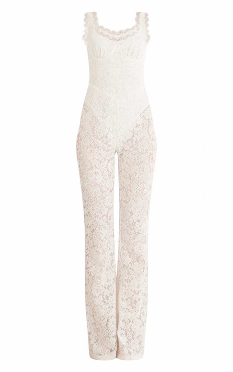 White Pretty Little Thing Lace Boning Detail Strappy Flared Jumpsuits | LNEBPRF-29