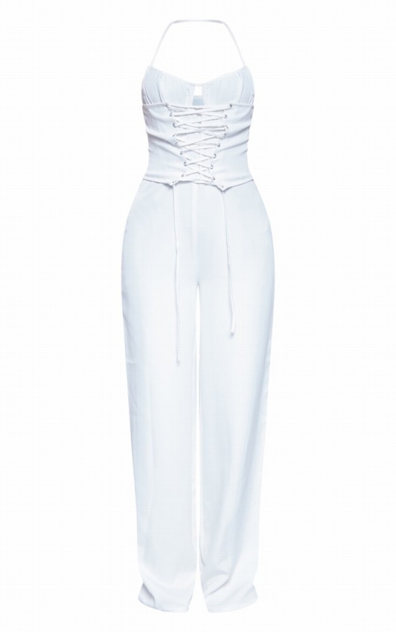 White Pretty Little Thing Lace Up Detail UnderwiHalterneck Woven Jumpsuits | TUJXNPS-23