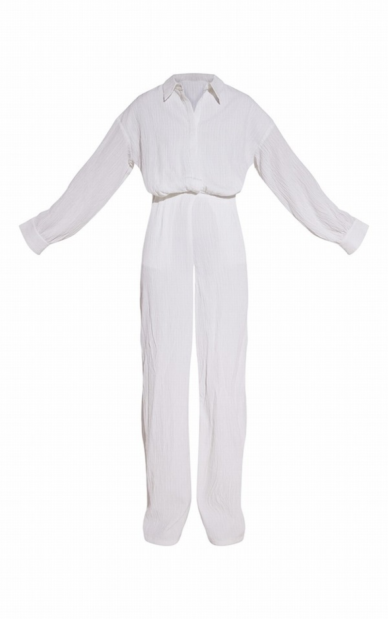 White Pretty Little Thing Linen Look Drape Jumpsuits | PEQNKXJ-76