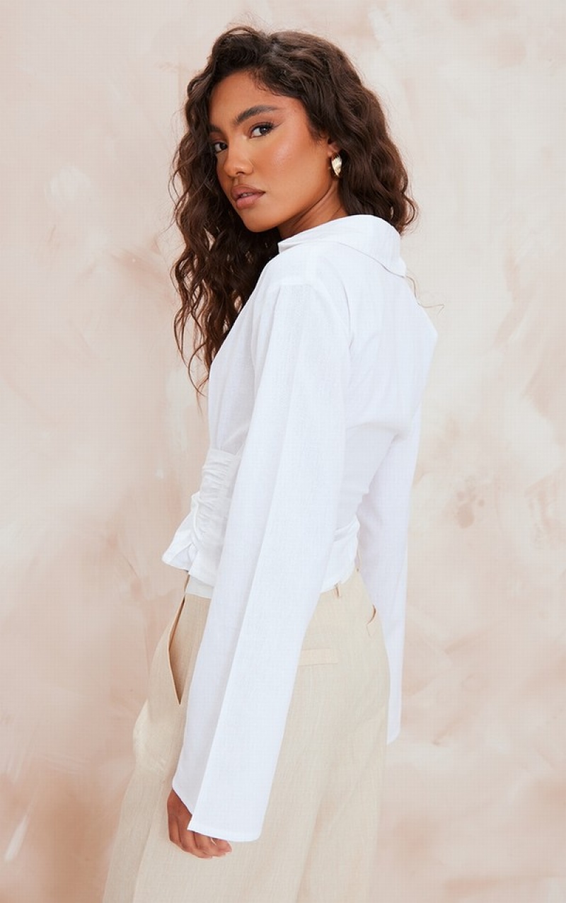 White Pretty Little Thing Linen Look Wrap Front Fitted Shirts | XKCFPJE-64