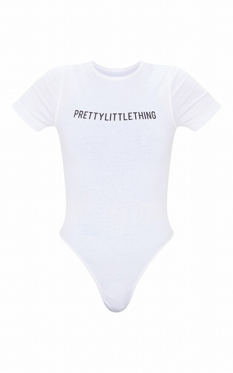 White Pretty Little Thing Logo Sleeve Bodysuits | TWNIJBV-57