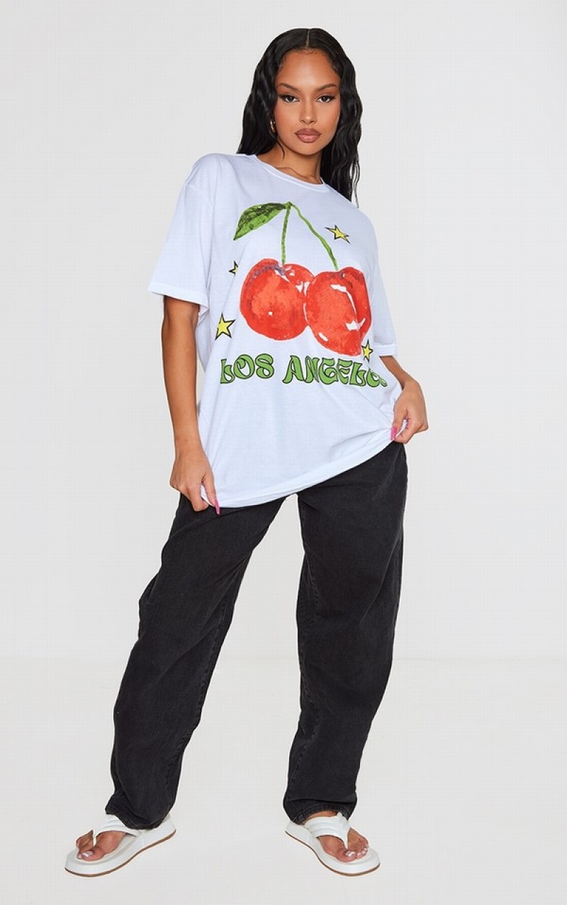 White Pretty Little Thing Los Angeles Cherry Print Oversized T-shirts | ESBVRTI-62