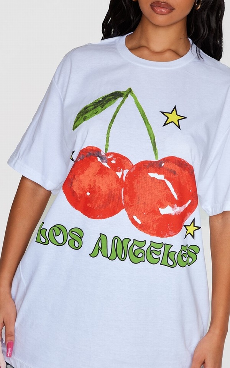 White Pretty Little Thing Los Angeles Cherry Print Oversized T-shirts | ESBVRTI-62