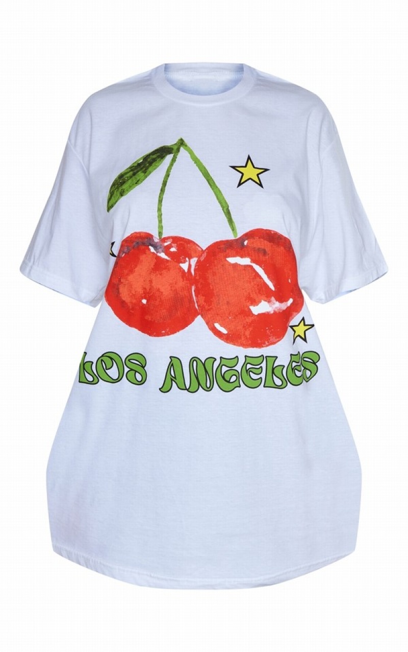 White Pretty Little Thing Los Angeles Cherry Print Oversized T-shirts | ESBVRTI-62