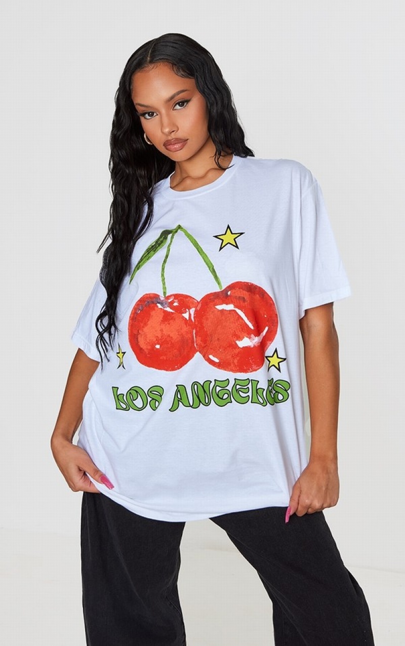 White Pretty Little Thing Los Angeles Cherry Print Oversized T-shirts | ESBVRTI-62