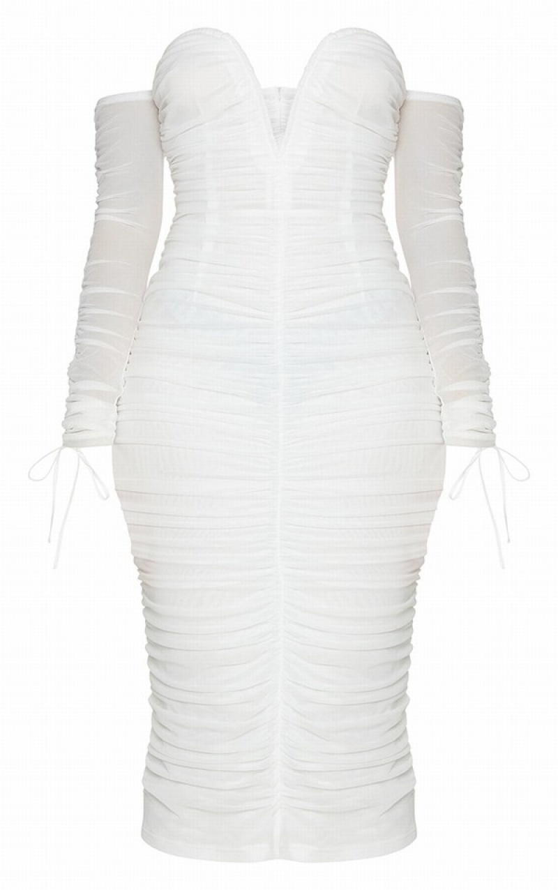 White Pretty Little Thing Mesh V Bar Ruched Detail Bardot Dresses | QWTZXOH-38